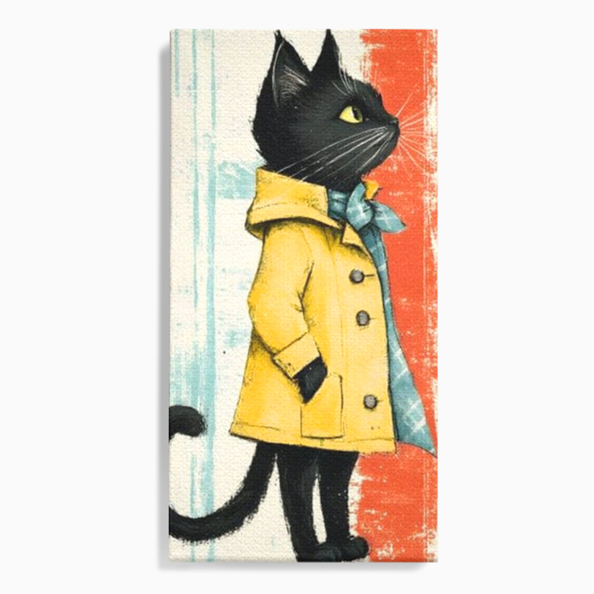 Tablou canvas cu ilustratie cu pisica in pelerina galben, fara rama, pe sasiu de lemn